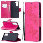 For Samsung Galaxy S21+ 5G Embossing Two Butterflies Pattern Horizontal Flip PU Leather Case with Holder & Card Slot & Wallet & Lanyard(Rose Red) - 1