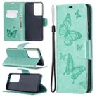 For Samsung Galaxy S21 Ultra 5G Embossing Two Butterflies Pattern Horizontal Flip PU Leather Case with Holder & Card Slot & Wallet & Lanyard(Green) - 1