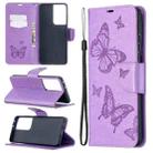 For Samsung Galaxy S21 Ultra 5G Embossing Two Butterflies Pattern Horizontal Flip PU Leather Case with Holder & Card Slot & Wallet & Lanyard(Purple) - 1