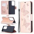For Samsung Galaxy S21 Ultra 5G Embossing Two Butterflies Pattern Horizontal Flip PU Leather Case with Holder & Card Slot & Wallet & Lanyard(Rose Gold) - 1