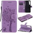 For Motorola Edge Tree & Cat Pattern Pressed Printing Horizontal Flip PU Leather Case with Holder & Card Slots & Wallet & Lanyard(Light Purple) - 1