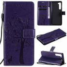 For Motorola Edge Tree & Cat Pattern Pressed Printing Horizontal Flip PU Leather Case with Holder & Card Slots & Wallet & Lanyard(Purple) - 1