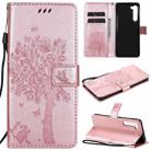 For Motorola Edge Tree & Cat Pattern Pressed Printing Horizontal Flip PU Leather Case with Holder & Card Slots & Wallet & Lanyard(Rose Gold) - 1