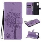 For Motorola Moto G9 Plus Tree & Cat Pattern Pressed Printing Horizontal Flip PU Leather Case with Holder & Card Slots & Wallet & Lanyard(Light Purple) - 1