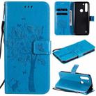 For Motorola One Fusion Tree & Cat Pattern Pressed Printing Horizontal Flip PU Leather Case with Holder & Card Slots & Wallet & Lanyard(Blue) - 1