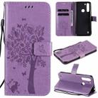 For Motorola One Fusion Tree & Cat Pattern Pressed Printing Horizontal Flip PU Leather Case with Holder & Card Slots & Wallet & Lanyard(Purple) - 1