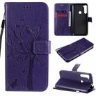 For Motorola One Fusion+ Tree & Cat Pattern Pressed Printing Horizontal Flip PU Leather Case with Holder & Card Slots & Wallet & Lanyard(Purple) - 1