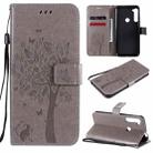 For Motorola One Fusion+ Tree & Cat Pattern Pressed Printing Horizontal Flip PU Leather Case with Holder & Card Slots & Wallet & Lanyard(Grey) - 1