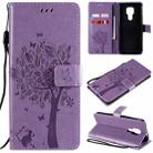 For Motorola Moto G9 Play Tree & Cat Pattern Pressed Printing Horizontal Flip PU Leather Case with Holder & Card Slots & Wallet & Lanyard(Light Purple) - 1