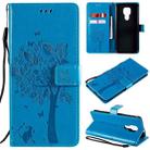 For Motorola Moto G9 Play Tree & Cat Pattern Pressed Printing Horizontal Flip PU Leather Case with Holder & Card Slots & Wallet & Lanyard(Blue) - 1