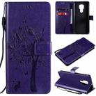 For Motorola Moto G9 Play Tree & Cat Pattern Pressed Printing Horizontal Flip PU Leather Case with Holder & Card Slots & Wallet & Lanyard(Purple) - 1