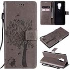 For Motorola Moto G9 Play Tree & Cat Pattern Pressed Printing Horizontal Flip PU Leather Case with Holder & Card Slots & Wallet & Lanyard(Grey) - 1