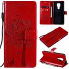 For Motorola Moto G9 Play Tree & Cat Pattern Pressed Printing Horizontal Flip PU Leather Case with Holder & Card Slots & Wallet & Lanyard(Red) - 1