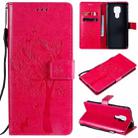 For Motorola Moto G9 Play Tree & Cat Pattern Pressed Printing Horizontal Flip PU Leather Case with Holder & Card Slots & Wallet & Lanyard(Rose Red) - 1