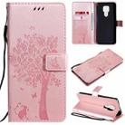 For Motorola Moto G9 Play Tree & Cat Pattern Pressed Printing Horizontal Flip PU Leather Case with Holder & Card Slots & Wallet & Lanyard(Rose Gold) - 1