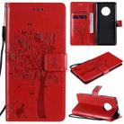 For Huawei Enjoy 20 Plus 5G Tree & Cat Pattern Pressed Printing Horizontal Flip PU Leather Case with Holder & Card Slots & Wallet & Lanyard(Red) - 1