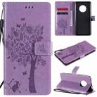 For Huawei Enjoy 20 Plus 5G Tree & Cat Pattern Pressed Printing Horizontal Flip PU Leather Case with Holder & Card Slots & Wallet & Lanyard(Light Purple) - 1