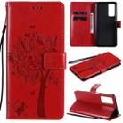 For Huawei Honor Play4 Tree & Cat Pattern Pressed Printing Horizontal Flip PU Leather Case with Holder & Card Slots & Wallet & Lanyard(Red) - 1