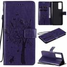 For Huawei Honor Play4 Tree & Cat Pattern Pressed Printing Horizontal Flip PU Leather Case with Holder & Card Slots & Wallet & Lanyard(Purple) - 1