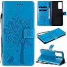 For Huawei Honor Play4 Tree & Cat Pattern Pressed Printing Horizontal Flip PU Leather Case with Holder & Card Slots & Wallet & Lanyard(Blue) - 1