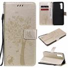 For OnePlus Nord Tree & Cat Pattern Pressed Printing Horizontal Flip PU Leather Case with Holder & Card Slots & Wallet & Lanyard(Gold) - 1