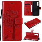 For OnePlus Nord Tree & Cat Pattern Pressed Printing Horizontal Flip PU Leather Case with Holder & Card Slots & Wallet & Lanyard(Red) - 1
