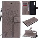 For OnePlus Nord Tree & Cat Pattern Pressed Printing Horizontal Flip PU Leather Case with Holder & Card Slots & Wallet & Lanyard(Grey) - 1