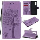 For OnePlus Nord Tree & Cat Pattern Pressed Printing Horizontal Flip PU Leather Case with Holder & Card Slots & Wallet & Lanyard(Light Purple) - 1