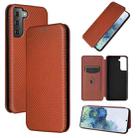 For Samsung Galaxy S21+ 5G Carbon Fiber Texture Horizontal Flip TPU + PC + PU Leather Case with Card Slot(Brown) - 1