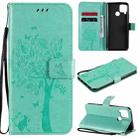 For OPPO Realme C12 / C15 Tree & Cat Embossed Pattern Horizontal Flip Leather Case with Holder & Card Slots & Wallet & Lanyard(Green) - 1