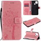 For OPPO Realme C12 / C15 Tree & Cat Embossed Pattern Horizontal Flip Leather Case with Holder & Card Slots & Wallet & Lanyard(Pink) - 1