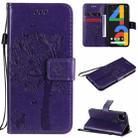 For Google Pixel 4a 4G Tree & Cat Embossed Pattern Horizontal Flip Leather Case with Holder & Card Slots & Wallet & Lanyard(Purple) - 1