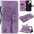For Google Pixel 4a 5G / Pixel 5 XL Tree & Cat Embossed Pattern Horizontal Flip Leather Case with Holder & Card Slots & Wallet & Lanyard(Light Purple) - 1