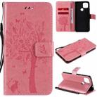 For Google Pixel 4a 5G / Pixel 5 XL Tree & Cat Embossed Pattern Horizontal Flip Leather Case with Holder & Card Slots & Wallet & Lanyard(Pink) - 1