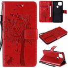 For Google Pixel 4a 5G / Pixel 5 XL Tree & Cat Embossed Pattern Horizontal Flip Leather Case with Holder & Card Slots & Wallet & Lanyard(Red) - 1