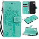 For Samsung Galaxy A01 Core Tree & Cat Pattern Pressed Printing Horizontal Flip PU Leather Case with Holder & Card Slots & Wallet & Lanyard(Green) - 1