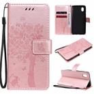 For Samsung Galaxy A01 Core Tree & Cat Pattern Pressed Printing Horizontal Flip PU Leather Case with Holder & Card Slots & Wallet & Lanyard(Rose Gold) - 1