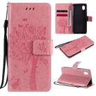 For Samsung Galaxy A01 Core Tree & Cat Pattern Pressed Printing Horizontal Flip PU Leather Case with Holder & Card Slots & Wallet & Lanyard(Pink) - 1