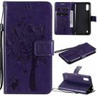 For Samsung Galaxy M01 Tree & Cat Pattern Pressed Printing Horizontal Flip PU Leather Case with Holder & Card Slots & Wallet & Lanyard(Purple) - 1