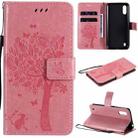 For Samsung Galaxy M01 Tree & Cat Pattern Pressed Printing Horizontal Flip PU Leather Case with Holder & Card Slots & Wallet & Lanyard(Pink) - 1