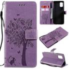 For Samsung Galaxy M51 Tree & Cat Pattern Pressed Printing Horizontal Flip PU Leather Case with Holder & Card Slots & Wallet & Lanyard(Light Purple) - 1