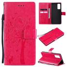 For Samsung Galaxy S20 FE 5G / S20 Lite Tree & Cat Pattern Pressed Printing Horizontal Flip PU Leather Case with Holder & Card Slots & Wallet & Lanyard(Rose Red) - 1