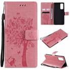 For Samsung Galaxy S20 FE 5G / S20 Lite Tree & Cat Pattern Pressed Printing Horizontal Flip PU Leather Case with Holder & Card Slots & Wallet & Lanyard(Pink) - 1
