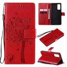 For Samsung Galaxy S20 FE 5G / S20 Lite Tree & Cat Pattern Pressed Printing Horizontal Flip PU Leather Case with Holder & Card Slots & Wallet & Lanyard(Red) - 1