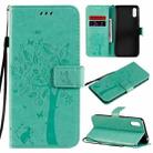 For Xiaomi Redmi 9A Tree & Cat Pattern Pressed Printing Horizontal Flip PU Leather Case with Holder & Card Slots & Wallet & Lanyard(Green) - 1