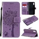 For Xiaomi Redmi 9A Tree & Cat Pattern Pressed Printing Horizontal Flip PU Leather Case with Holder & Card Slots & Wallet & Lanyard(Light Purple) - 1