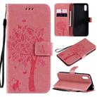 For Xiaomi Redmi 9A Tree & Cat Pattern Pressed Printing Horizontal Flip PU Leather Case with Holder & Card Slots & Wallet & Lanyard(Pink) - 1