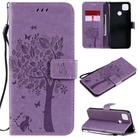 For Xiaomi Redmi 9C Tree & Cat Pattern Pressed Printing Horizontal Flip PU Leather Case with Holder & Card Slots & Wallet & Lanyard(Light Purple) - 1