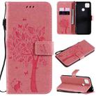 For Xiaomi Redmi 9C Tree & Cat Pattern Pressed Printing Horizontal Flip PU Leather Case with Holder & Card Slots & Wallet & Lanyard(Pink) - 1
