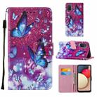 For Samsung Galaxy A02s US Version Cross Texture Painting Pattern Horizontal Flip Leather Case with Holder & Card Slots & Wallet & Lanyard(Purple Butterflies) - 1